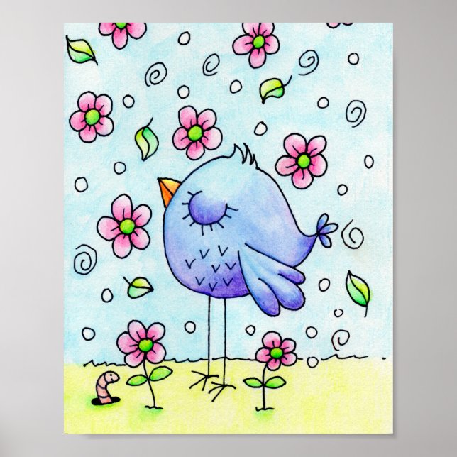 Whimsical Blue Bird And Flowers Poster (Front)