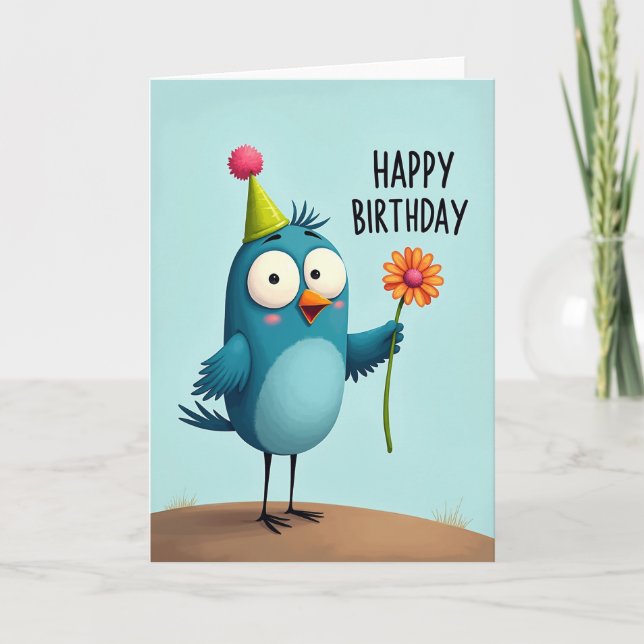 Whimsical Blue Bird Birthday Card (Front)