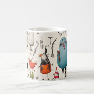 Whimsical Blue Bird & Fantasy Friends Illustrated Coffee Mug