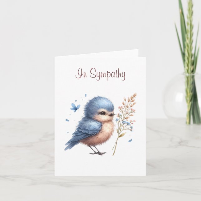 Whimsical Blue Bird Flowers and Butterfly Sympathy Card (Front)