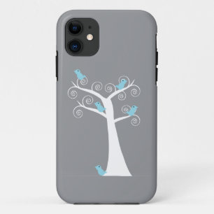 Whimsical Blue Birds Gray Swirl Tree iPhone 11 Case