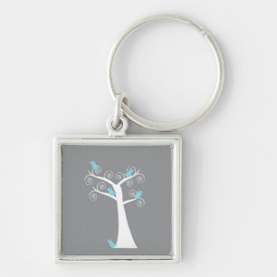 Whimsical Blue Birds Gray Swirl Tree Keychain