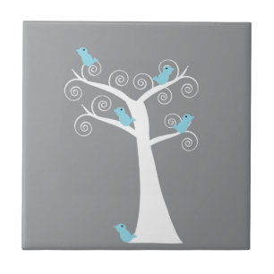 Whimsical Blue Birds Gray Swirl Tree Tile