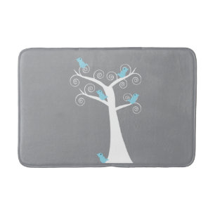 Whimsical Blue Birds on White Tree Gray Background Bath Mat