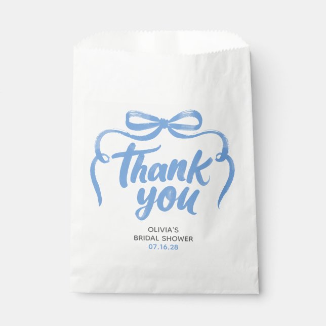 Whimsical Blue Bow Handwritten Bridal Thank You Favor Bag (Front)