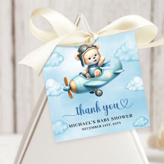 Whimsical Blue Brown Teddy Bear Aviator Boy Shower Favor Tags