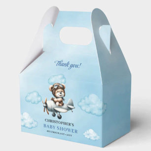 Whimsical Blue Brown Teddy Bear Pilot Baby Shower  Favor Boxes