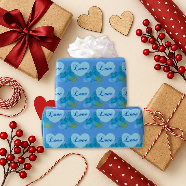 Whimsical Blue Bubble Heart Love Wrapping Paper (Creator Uploaded)
