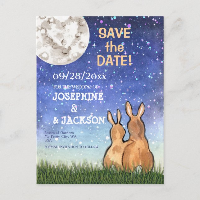 Whimsical Blue Bunny Rabbit Moon Stars Wedding Announcement Postcard (Front)