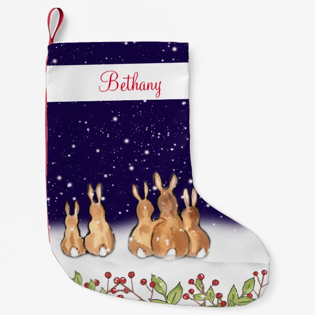 Whimsical Blue Bunny Rabbit Personalized Christmas Small Christmas Stocking (Front)