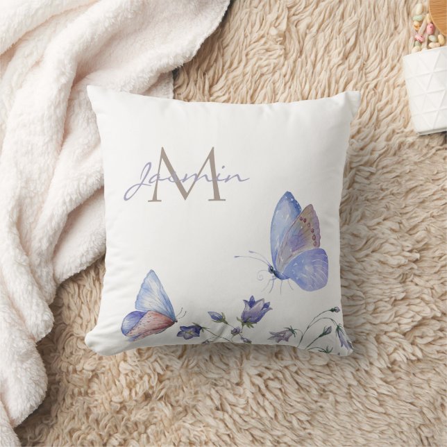 Whimsical Blue Butterflies Name Throw Pillow (Blanket)