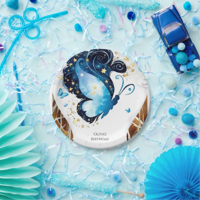 Whimsical Blue Butterfly Birthday Paper Plates (Party)