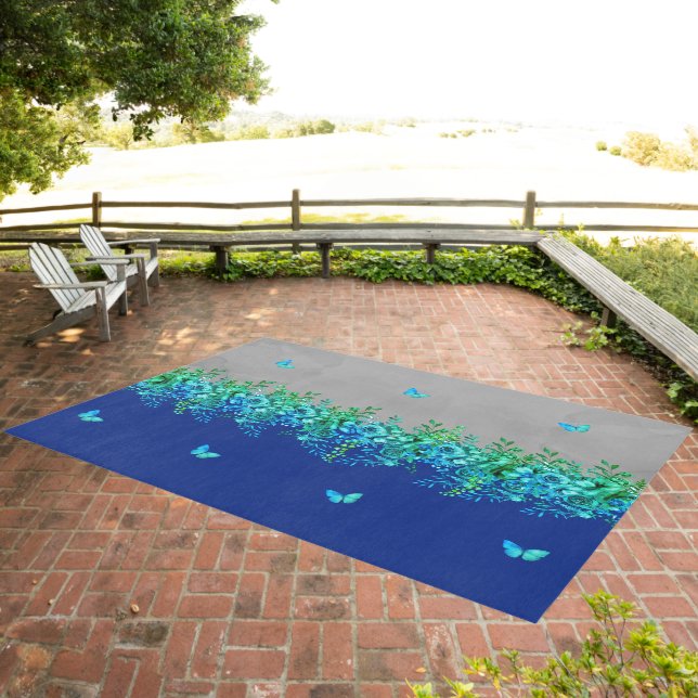 Whimsical Blue Butterfly Blossom Rug (Insitu (Outdoor 3))