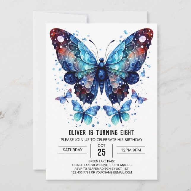 Whimsical Blue Butterfly Boy Birthday Invitation (Front)