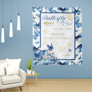 Whimsical Blue Butterfly Kisses Baby Shower Party Tapestry