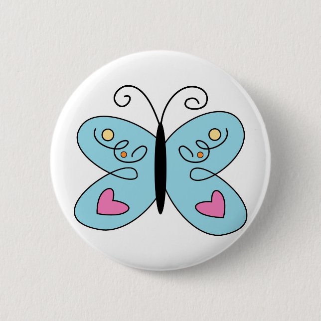 Whimsical Blue Butterfly with heart Wings Button (Front)