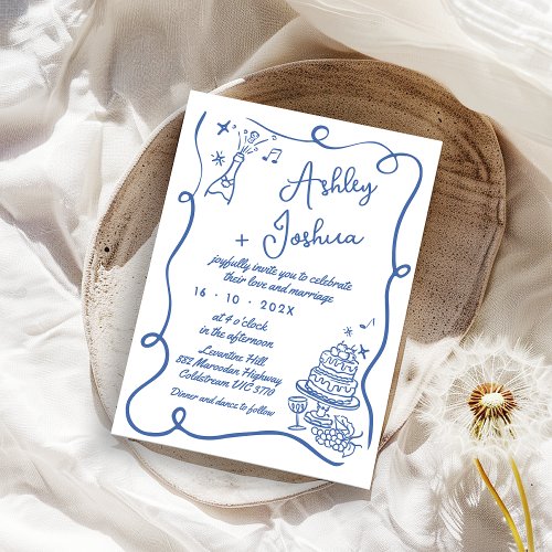 Whimsical Blue Cake Bottle Hand Drawn Wedding  Invitation