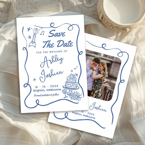 Whimsical Blue Cake Hand Drawn Save The Date Card