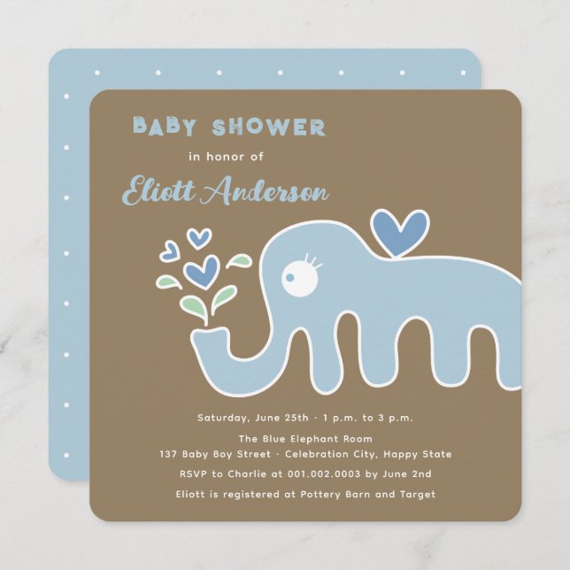 Whimsical Blue Cartoon Elephant Boy Baby Shower Invitation (Front/Back)