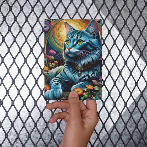 Whimsical Blue Cat and Floral Oasis Postcard