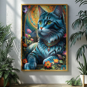 Whimsical Blue Cat and Floral Oasis Poster