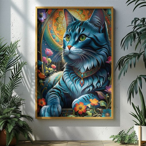 Whimsical Blue Cat and Floral Oasis Poster