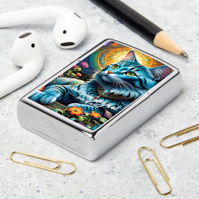Whimsical Blue Cat and Floral Oasis Zippo Lighter (On Table 2)