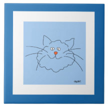 Whimsical  Blue Cat Ceramic Tile