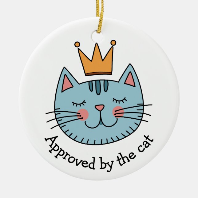 Whimsical Blue Cat With A Yellow Crown Custom Ceramic Ornament (Front)