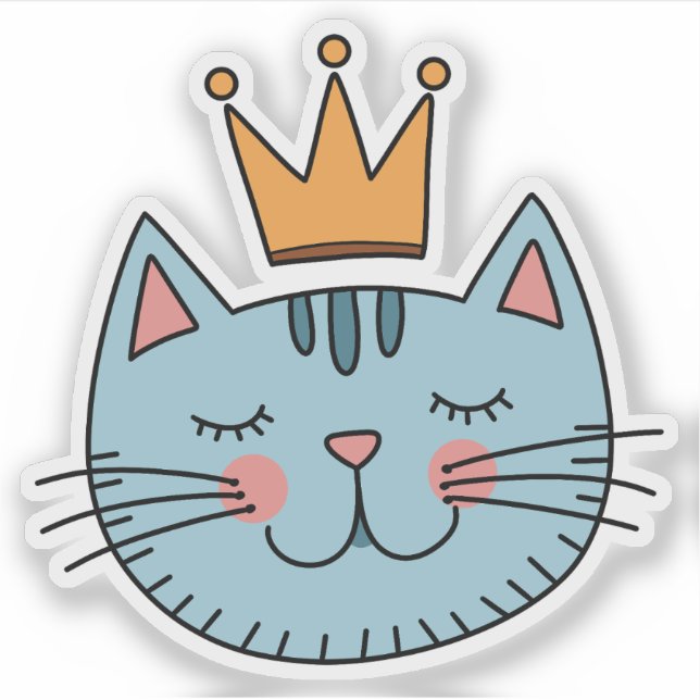 Whimsical Blue Cat With A Yellow Crown  Sticker (Front)
