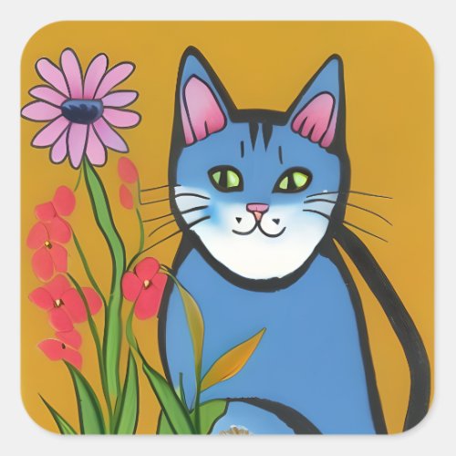 Whimsical Blue Cat with Pink Flower Folk Art Square Sticker