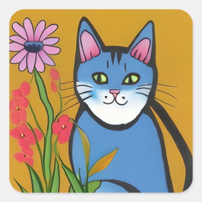 Whimsical Blue Cat with Pink Flower Folk Art Square Sticker (Front)