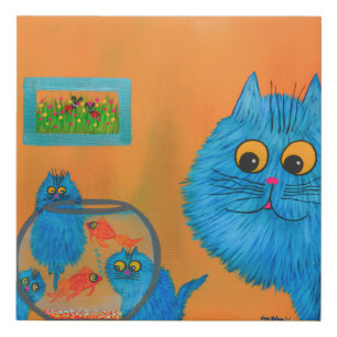 Whimsical Blue Cats with Goldfish Bowl – Playful A Faux Canvas Print