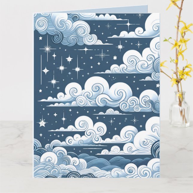 Whimsical Blue Celestial Baby Shower Card (Yellow Flower)