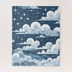 Whimsical Blue Celestial Stars and Clouds Jigsaw Puzzle