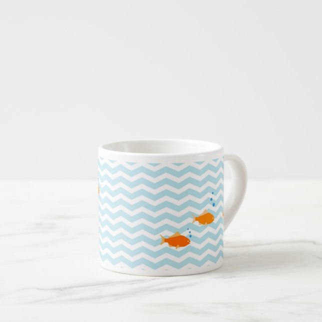 Whimsical Blue chevron with gold fish Espresso Cup (Front Right)