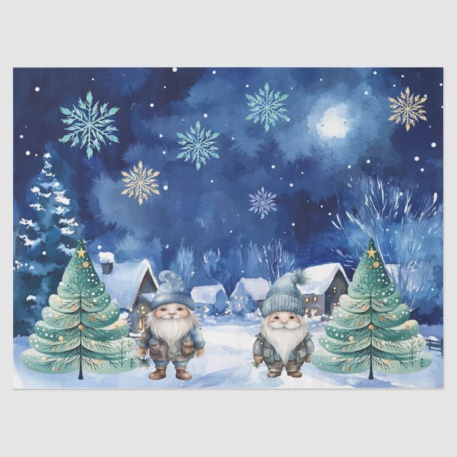 Whimsical Blue Christmas Gnome & Snowflakes Tissue Paper (Front)