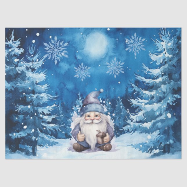 Whimsical Blue Christmas Gnome & Snowflakes Tissue Paper (Front)