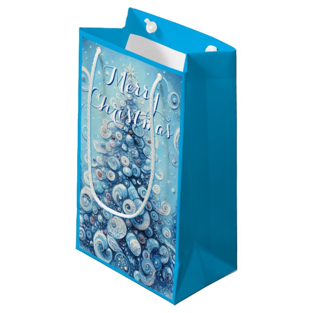 Whimsical Blue Christmas Tree Impressionist Modern Small Gift Bag (Front Angled)