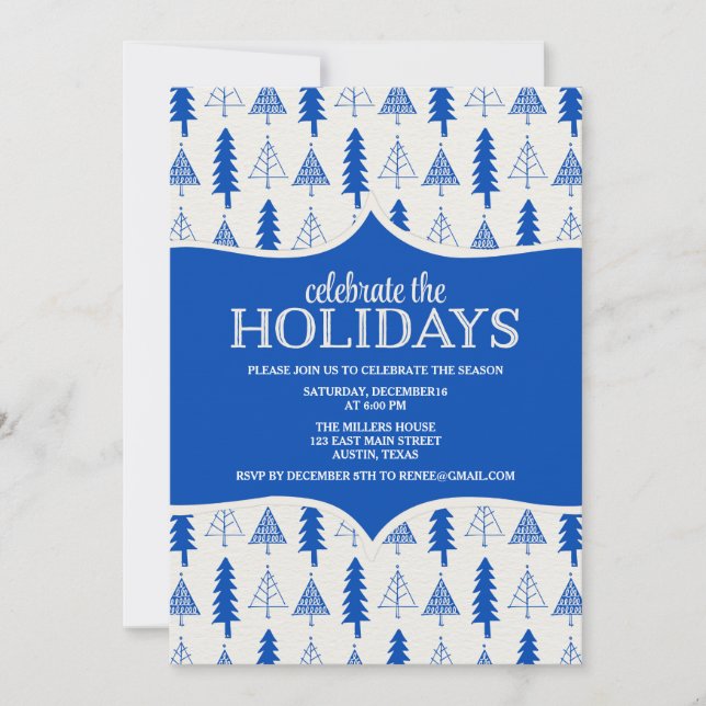 Whimsical Blue Christmas Trees Party Invitation (Front)