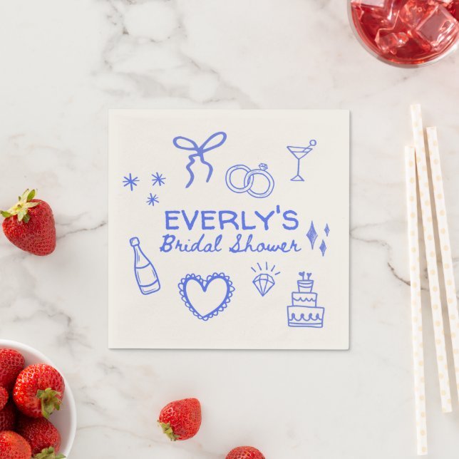 Whimsical Blue Coquette Sketch Bridal Shower Napkins (Insitu)