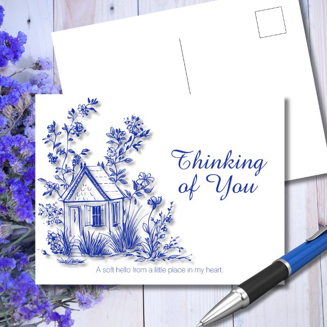 Whimsical Blue Cottage Botanical Thinking of You Postcard (Creator Uploaded)