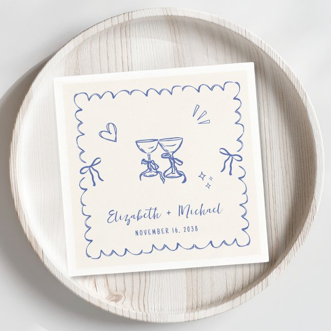 Whimsical Blue Cream Wavy Frame Wedding Napkins (Creator Uploaded)
