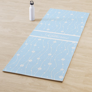 Whimsical Blue Daisy Floral Script Name  Yoga Mat
