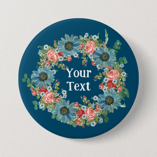 Whimsical Blue Daisy Flower Wreath Lapel Charm Button (Front)