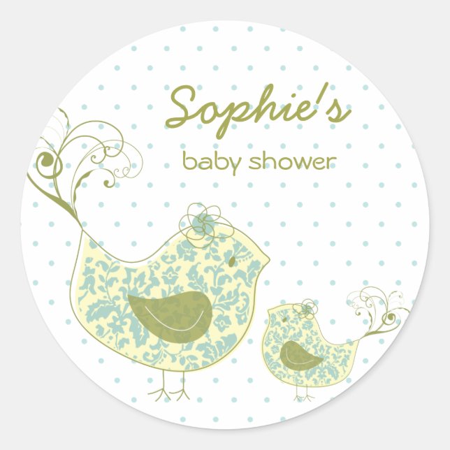 Whimsical Blue Damask Mommy Bird & Boy Baby Shower Classic Round Sticker (Front)