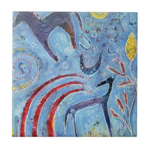 Whimsical blue dog and pony ceramic tile