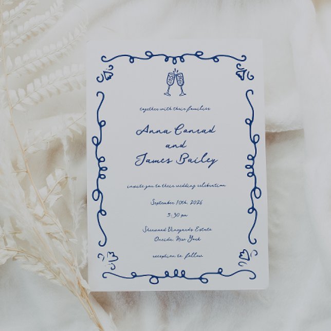 Whimsical Blue Doodle Frame Wedding Invitation (Creator Uploaded)