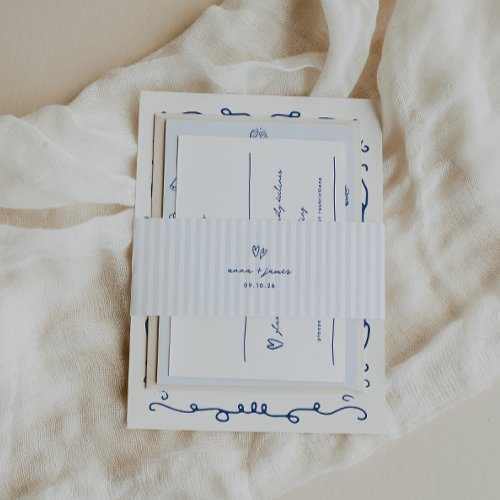 Whimsical Blue Doodle Hearts Wedding Invitation Belly Band