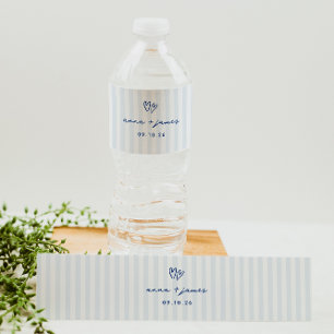 Whimsical Blue Doodle Hearts Wedding Water Bottle Label